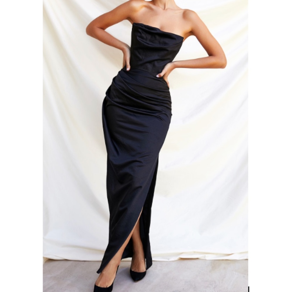 ADRIENNE Black Satin Strapless Corset Maxi
